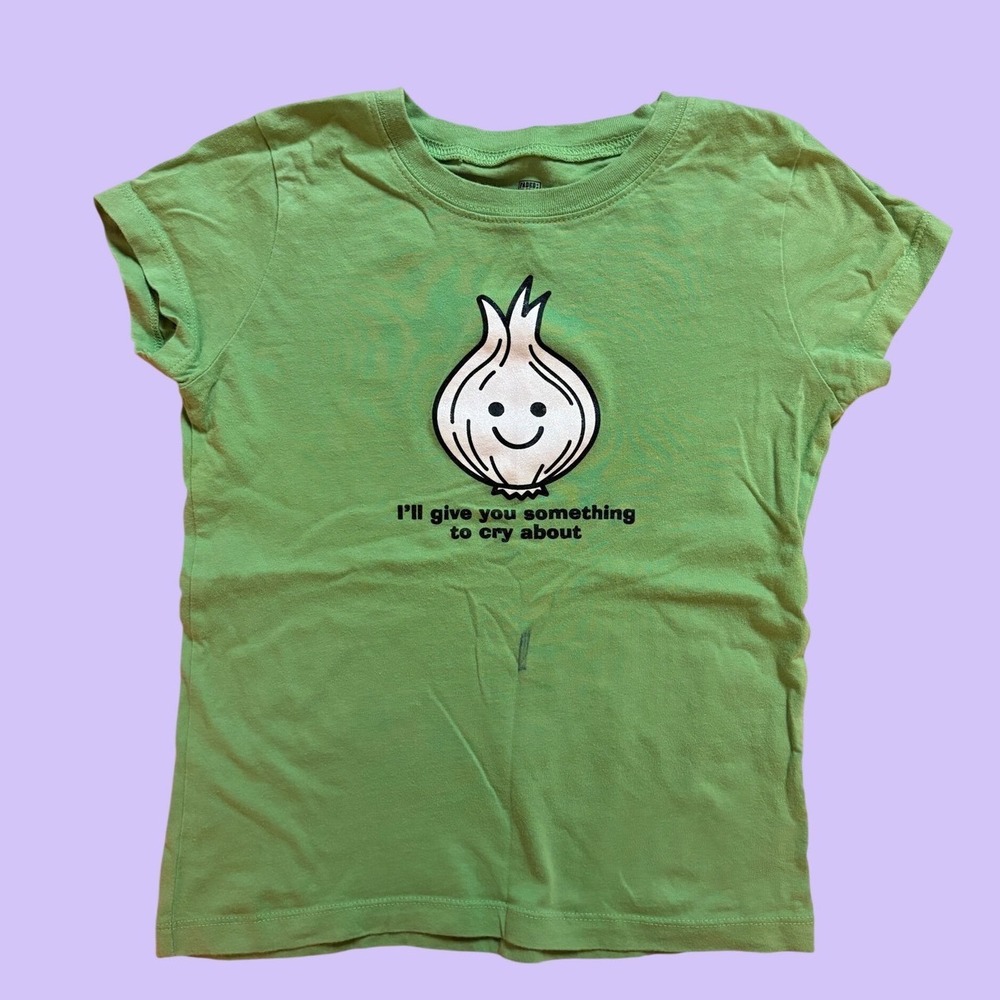 Y2K Faded Glory Organic Graphic Baby Tee Onion Something to Cry About Scene #19
